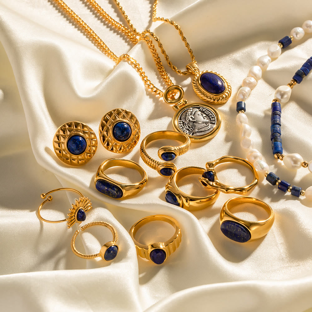 Ensemble de bagues vintage en acier titane et lapis-lazuli Olivenorma Court 