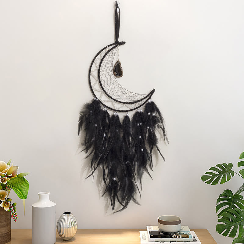 Pendentif Olivenorma en onyx noir et attrape-rêves en plumes noires