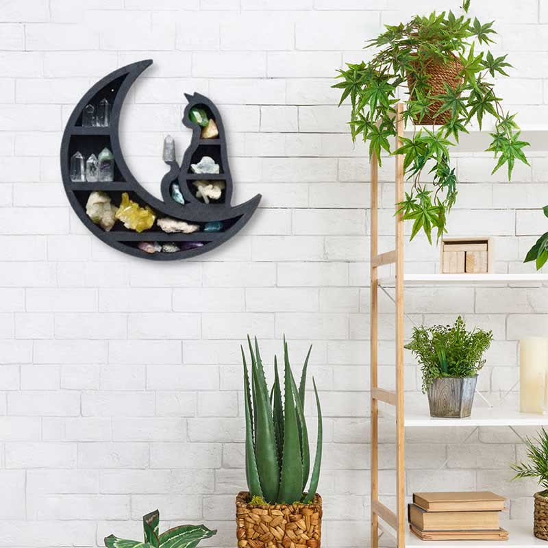 Etagère en cristal en bois avec croissant de lune et chat Olivenorma