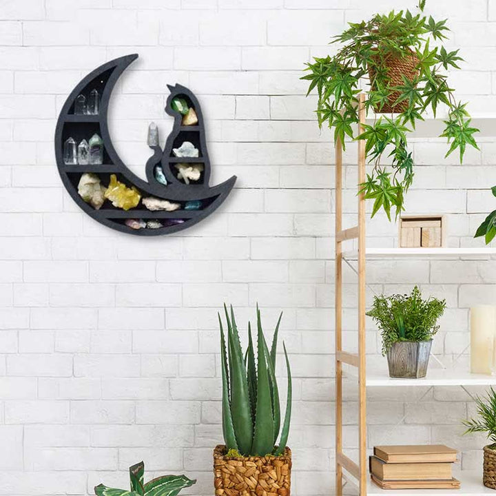 Etagère en cristal en bois avec croissant de lune et chat Olivenorma