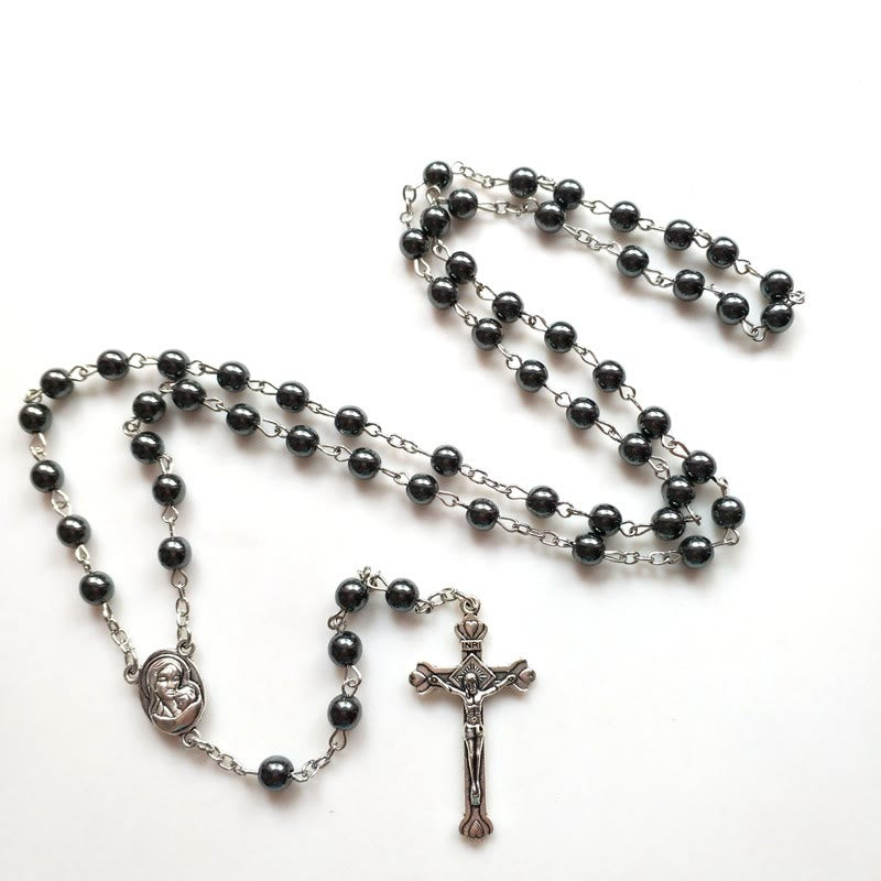 Collier chapelet avec pendentif en croix et médaille sacrée en hématite Olivenorma 