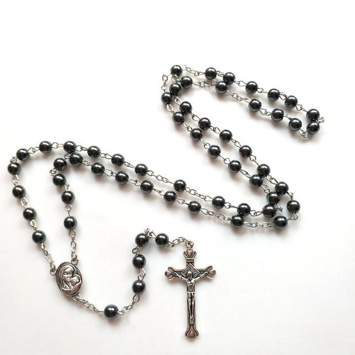 Collier chapelet avec pendentif en croix et médaille sacrée en hématite Olivenorma 
