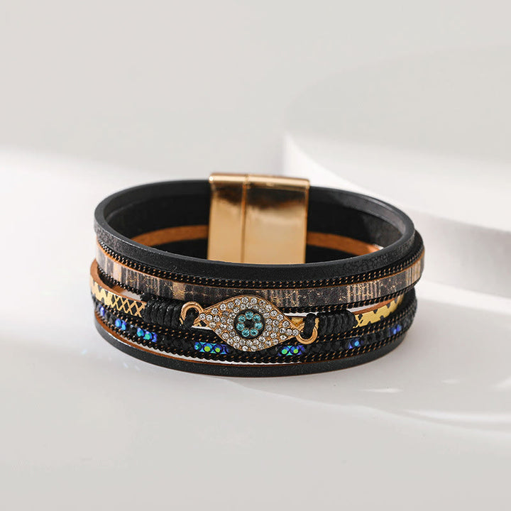 Bracelet Olivenorma en similicuir motif léopard avec zircon et mauvais œil