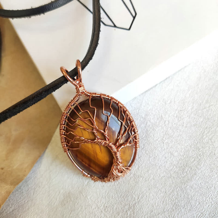 Collier ovale en pierre précieuse arbre de vie œil de tigre Olivenorma 