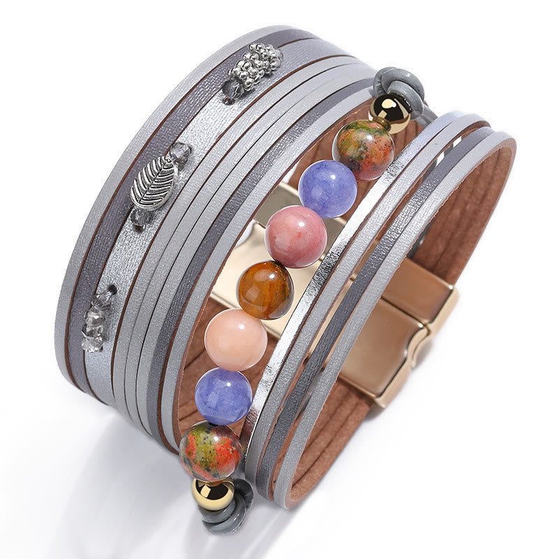 Bracelet multicouche en cuir et perles de cristal naturel Olivenorma