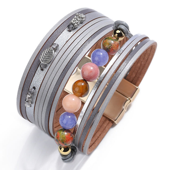 Bracelet multicouche en cuir et perles de cristal naturel Olivenorma