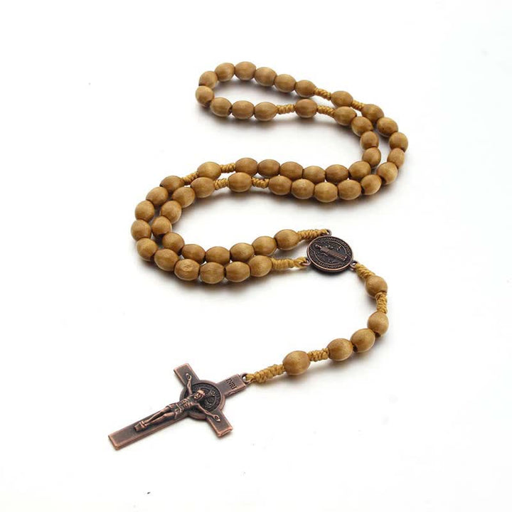 Collier chapelet en bois avec croix vintage tricotée Olivenorma