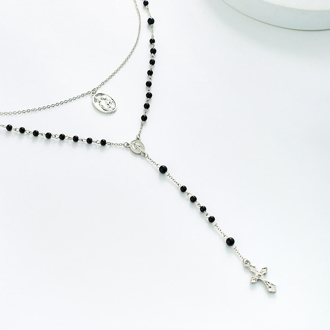 Collier chapelet avec pendentif croix en perles d'obsidienne Olivenorma 