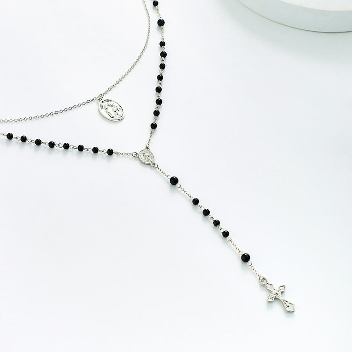 Collier chapelet avec pendentif croix en perles d'obsidienne Olivenorma 