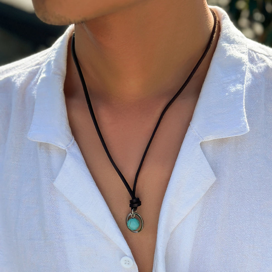 Collier en cuir turquoise avec bague en argent Olivenorma 