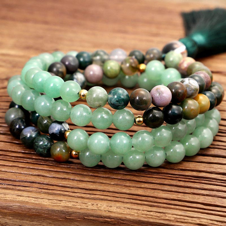 Collier Bracelet Mala en Aventurine Verte et Agate Indienne Olivenorma 