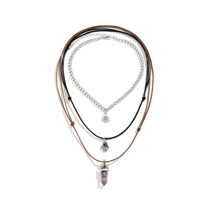 Ensemble de colliers multicouches rétro Olivenorma avec pendentif en forme de colonne Hamsa, mauvais œil et soleil en améthyste 