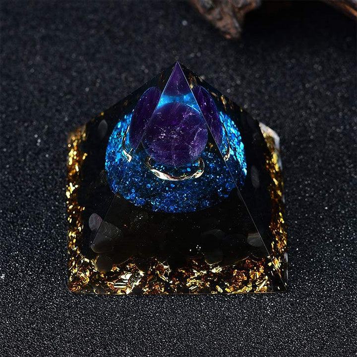 Sphère d'améthyste Olivenorma avec pyramide d'orgone Reki en quartz bleu 