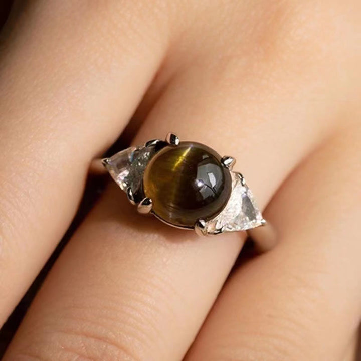 Bague en pierre œil de chat vert doré à quatre griffes Olivenorma