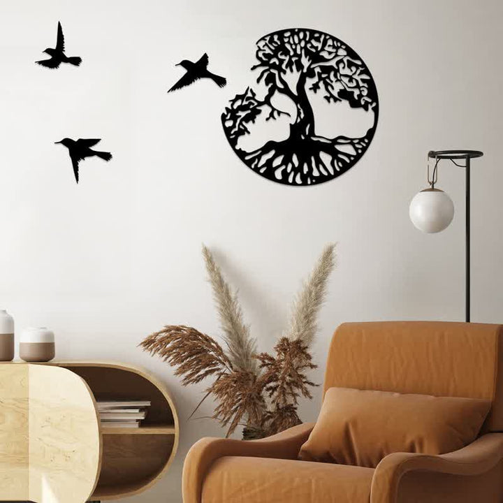 Décoration murale en métal Arbre de vie avec trois oiseaux