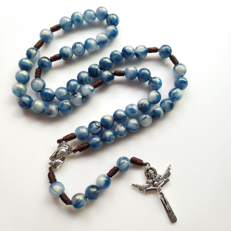 Collier chapelet avec croix de Jésus en pierre œil de chat bleu Olivenorma 