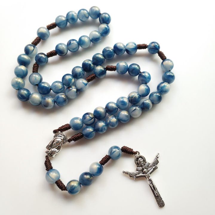 Collier chapelet avec croix de Jésus en pierre œil de chat bleu Olivenorma 