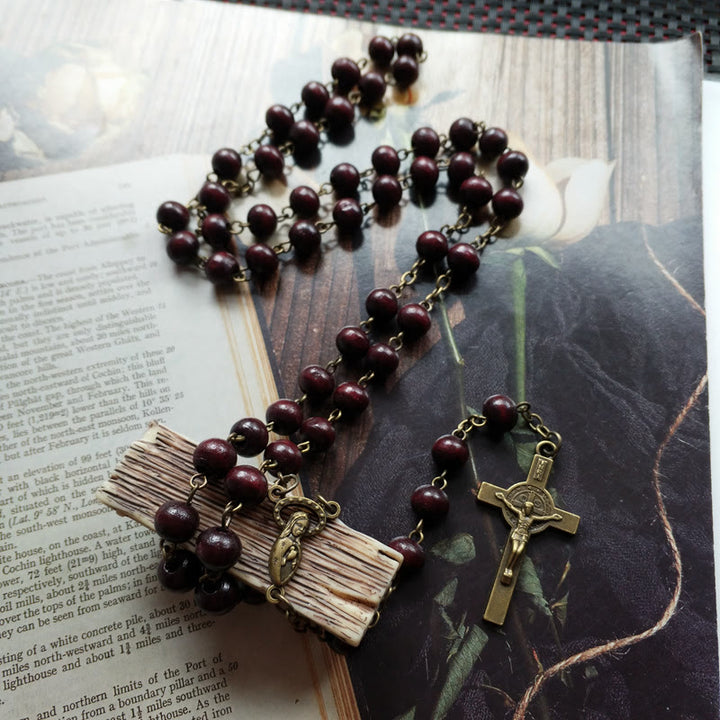 Collier avec pendentif en forme de croix en cuivre et chapelet en bois Olivenorma 