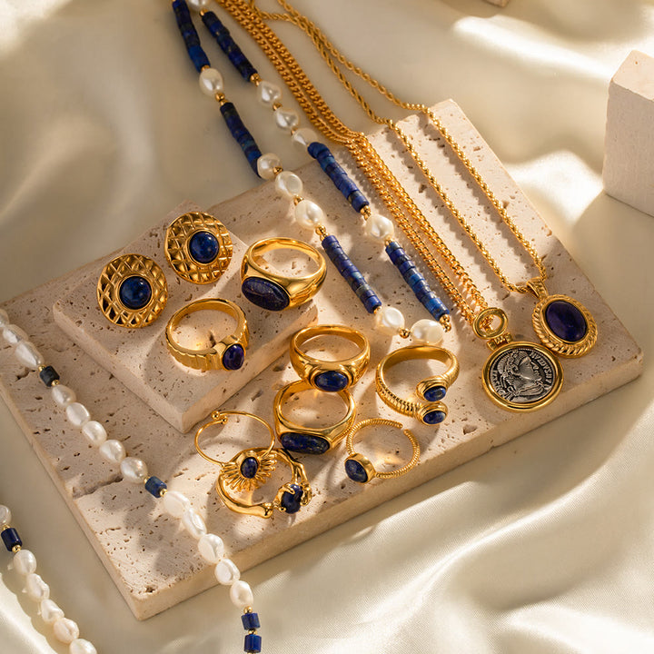 Ensemble de bagues vintage en acier titane et lapis-lazuli Olivenorma Court 