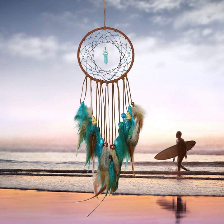 Attrape-rêves traditionnel en plumes turquoise fait main Olivenorma