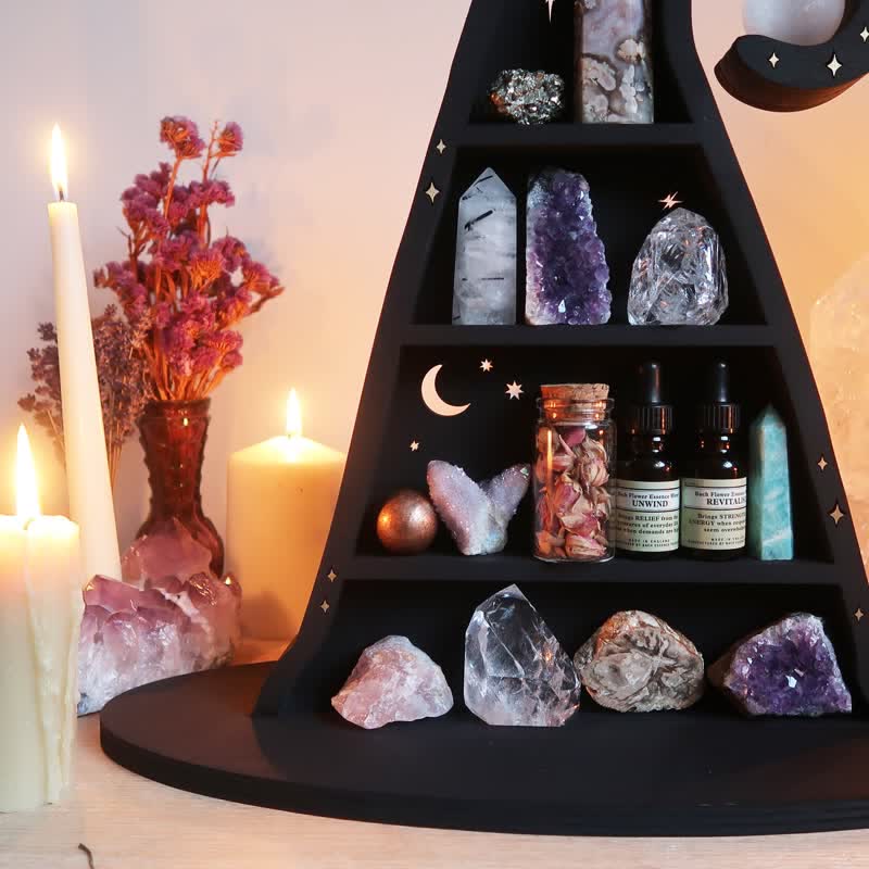 Etagère en cristal et bois avec chapeau de sorcière Olivenorma