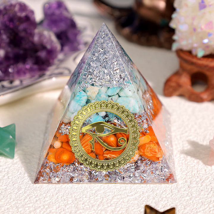 Pyramide d'orgone en corail rouge amazonite Olivenorma œil d'Horus