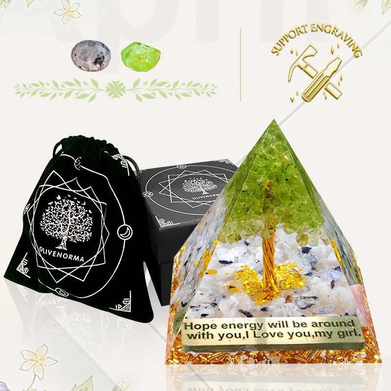 Pyramide d'orgone de l'arbre de vie en pierre de lune Olivenorma avec péridot