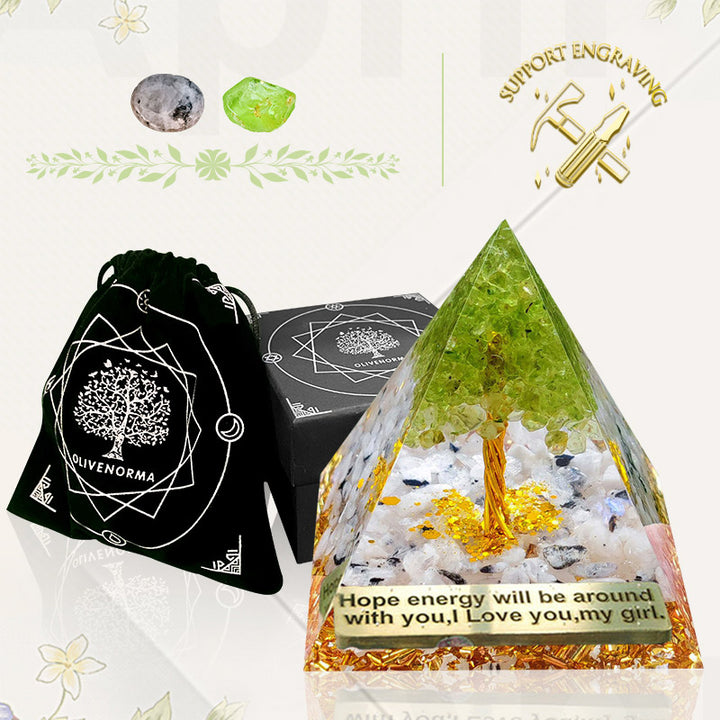 Pyramide d'orgone de l'arbre de vie en pierre de lune Olivenorma avec péridot