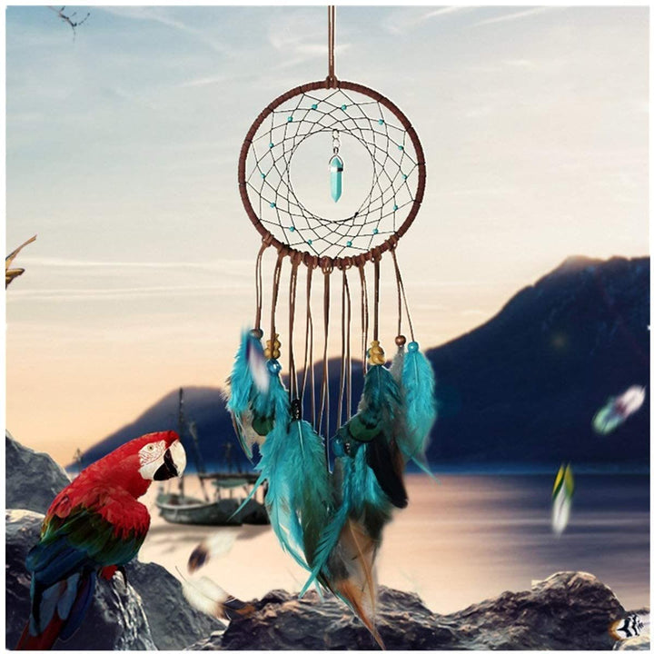 Attrape-rêves traditionnel en plumes turquoise fait main Olivenorma