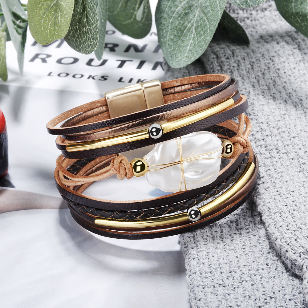 Bracelet en cuir tressé avec perles d'eau douce naturelles Olivenorma