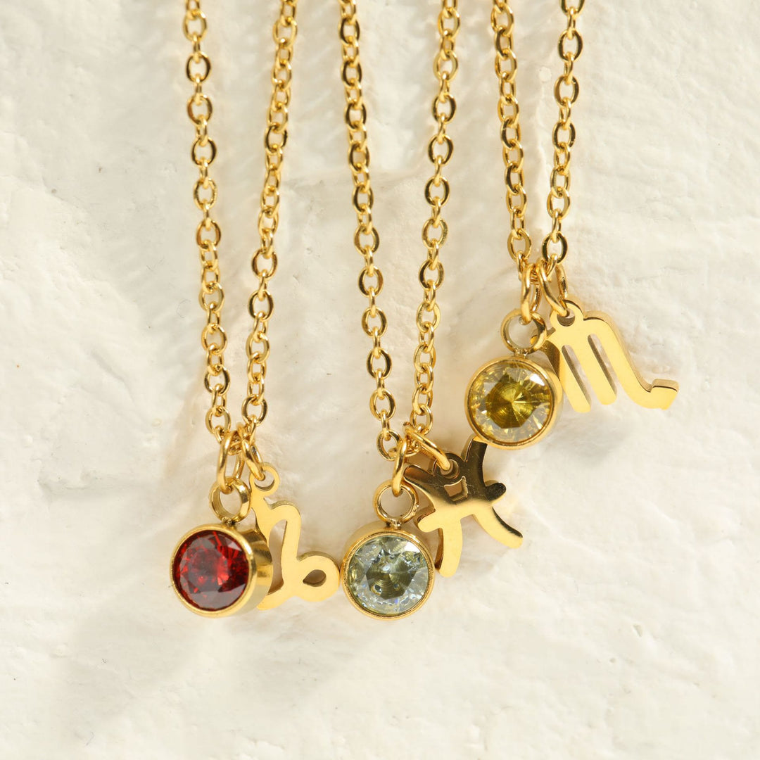 Collier en acier inoxydable avec pierre de naissance et runes du zodiaque Olivenorma