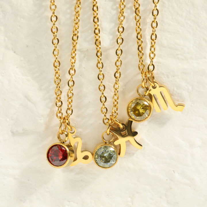 Collier en acier inoxydable avec pierre de naissance et runes du zodiaque Olivenorma