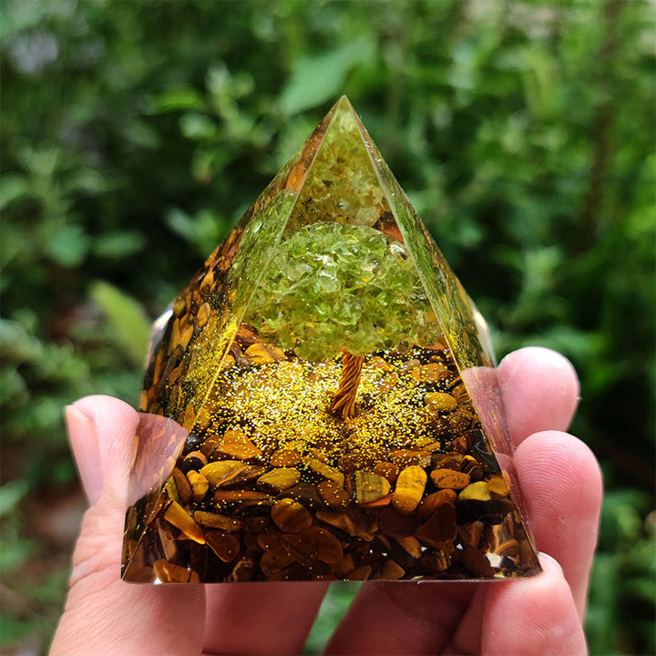 Pyramide d'orgone de l'arbre de vie Olivenorma Tiger Eye avec péridot