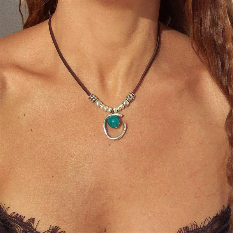 Collier en cuir avec pendentif demi-anneau en aigue-marine Olivenorma - Bleu vert - image 0