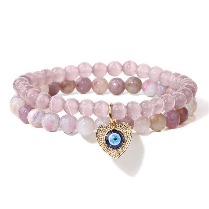 Bracelet double couche avec pendentif mauvais œil en pierre œil de chat Olivenorma