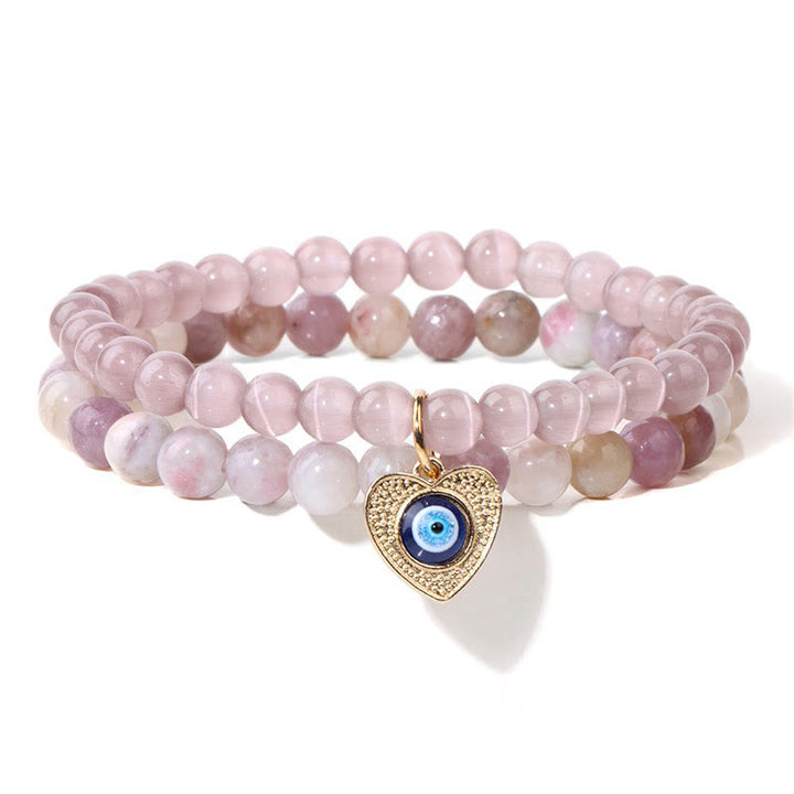 Bracelet double couche avec pendentif mauvais œil en pierre œil de chat Olivenorma