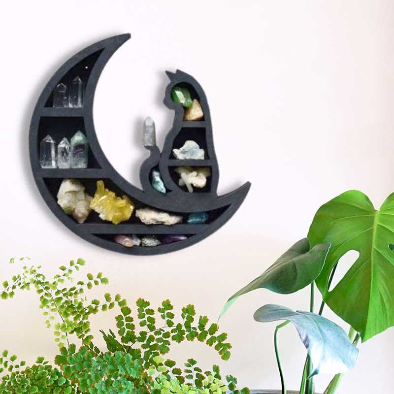 Etagère en cristal en bois avec croissant de lune et chat Olivenorma