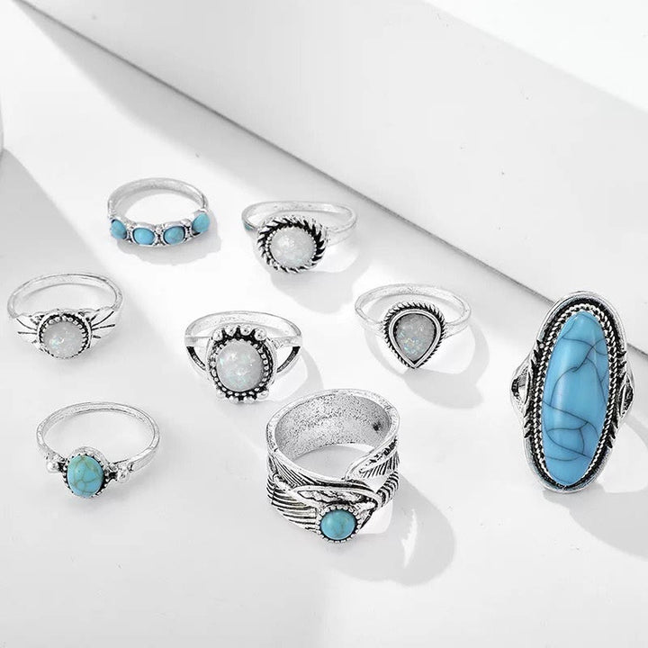 Ensemble de 8 bagues en feuille d'éléphant turquoise et opale Olivenorma 