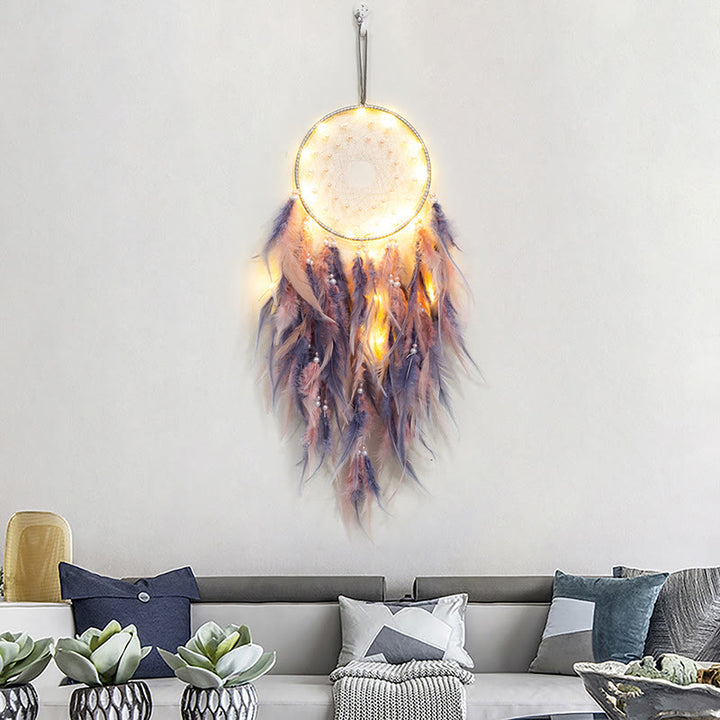 Attrape-rêves en plumes fait main avec éclairage LED Olivenorma