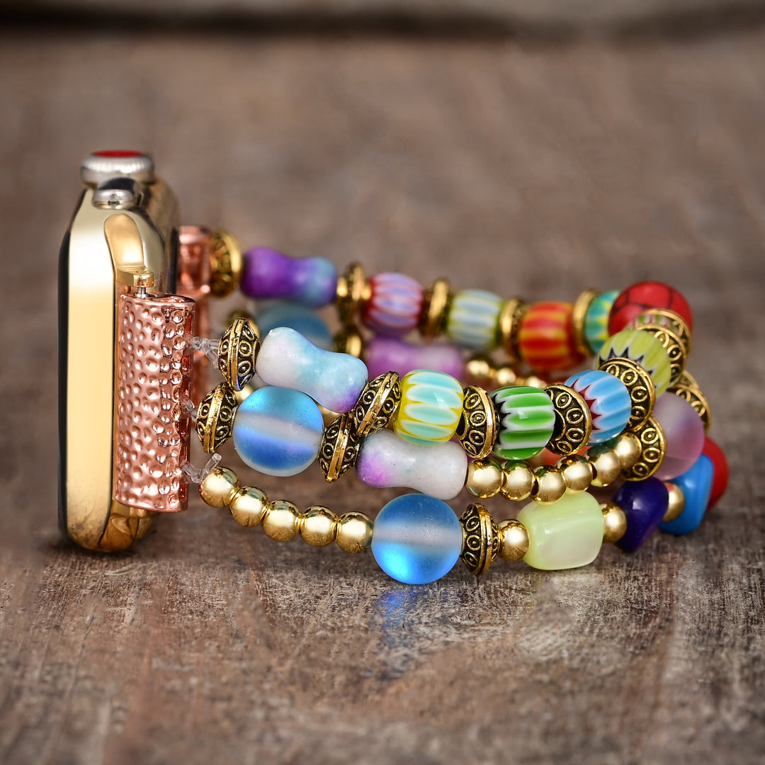Bracelet de montre Apple Watch avec cordon élastique et perles en pierre œil de chat Olivenorma