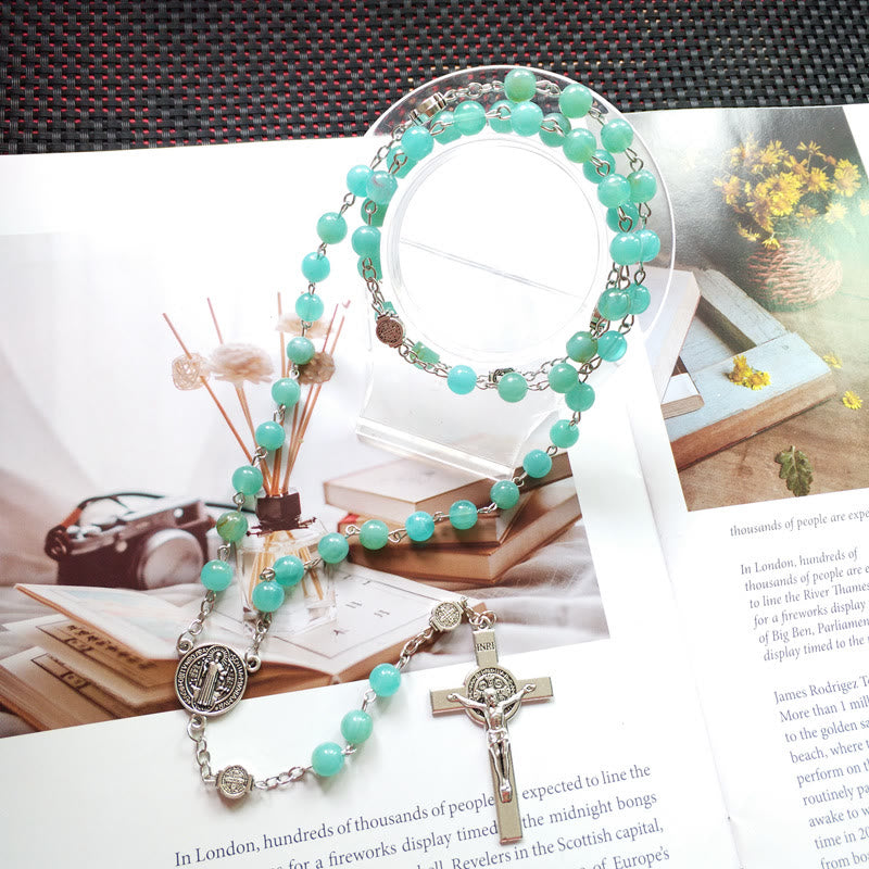 Collier pendentif chapelet en forme de croix et médaille d'amazonite Olivenorma - image 6