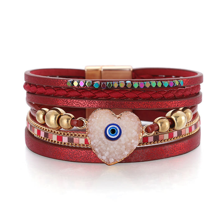 Bracelet Olivenorma « Triple Protection » en forme de cœur avec perles dorées en cristal et mauvais œil