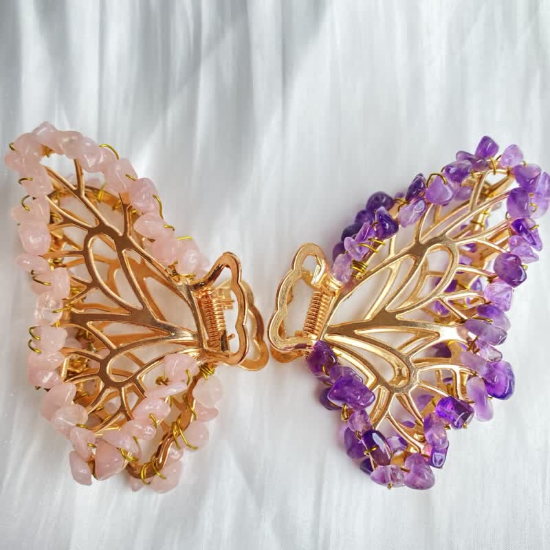 Épingle à cheveux en forme de papillon en améthyste ou quartz rose