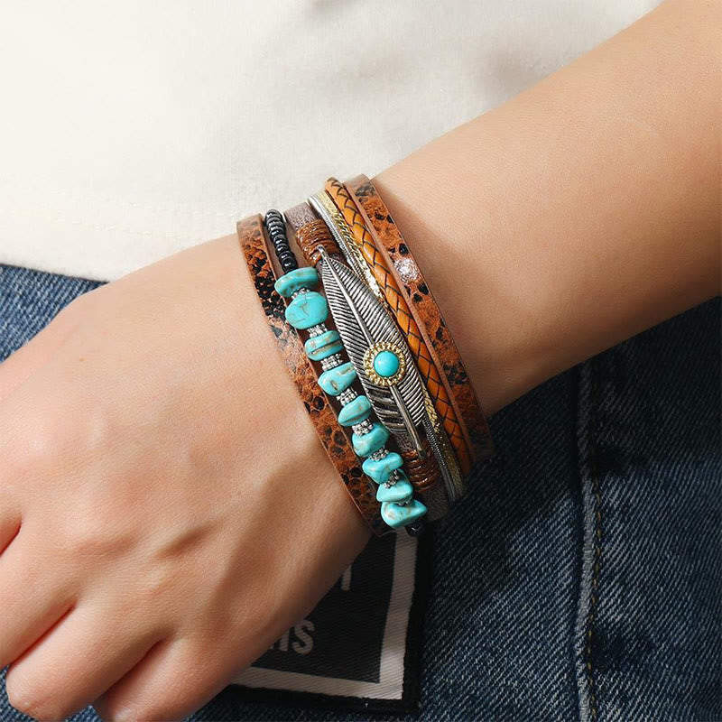 Bracelet en cuir multicouches marron vintage turquoise Olivenorma