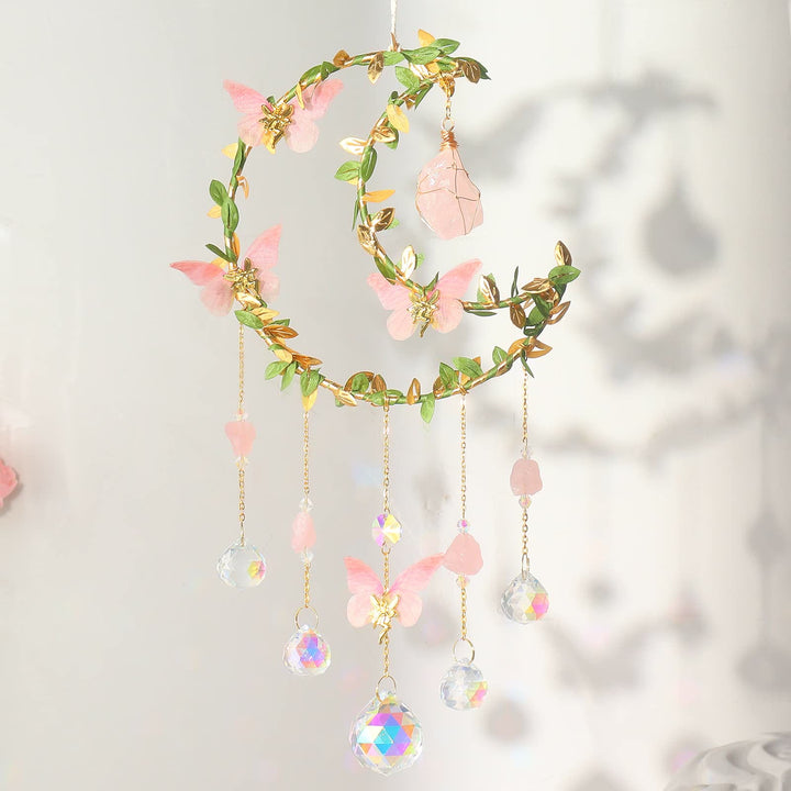 Carillon éolien porte-bonheur en quartz rose avec papillon Olivenorma 
