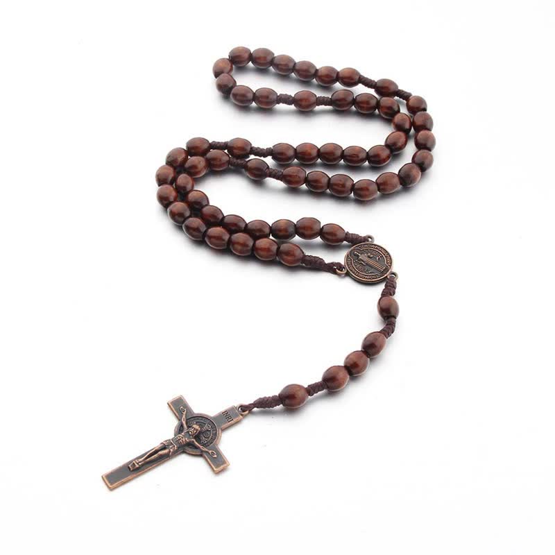 Collier chapelet en bois avec croix vintage tricotée Olivenorma