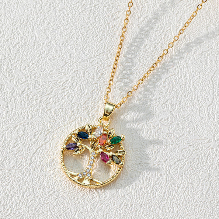 Collier pendentif clavicule arbre de vie rond creux en zircon Olivenorma