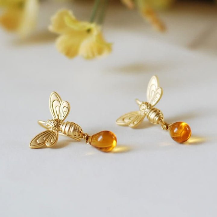 Boucles d'oreilles et collier en ambre avec pendentif en forme de goutte d'eau et de miel Olivenorma Bee Topaz