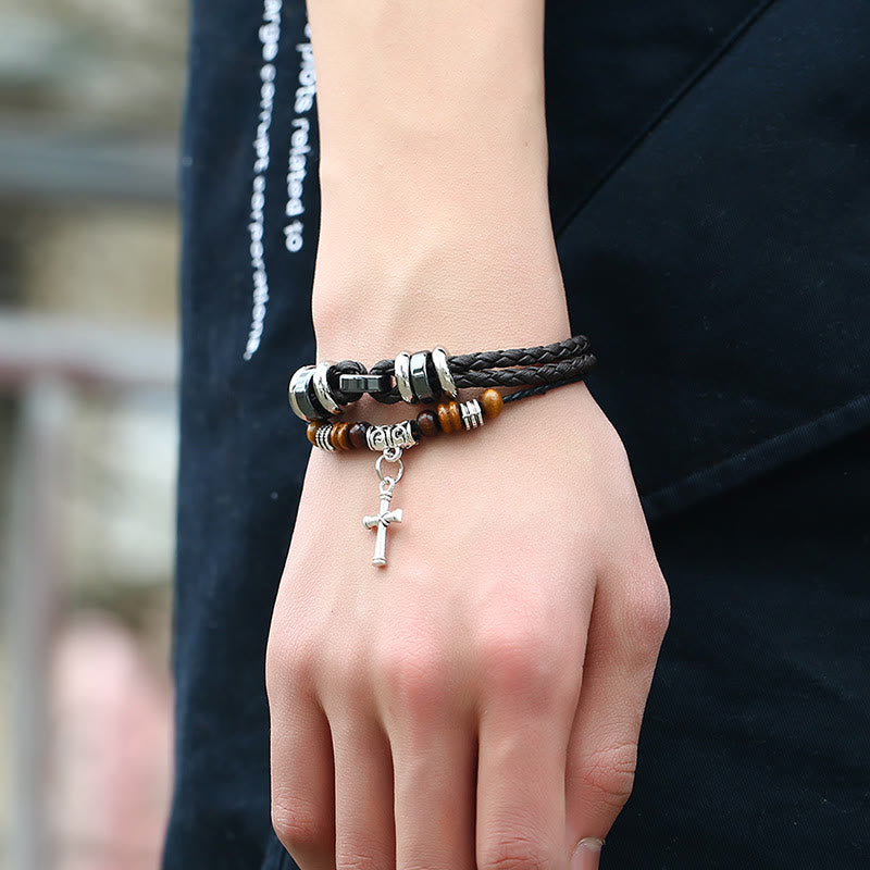 Bracelet en cuir tressé multicouche ajustable Olivenorma