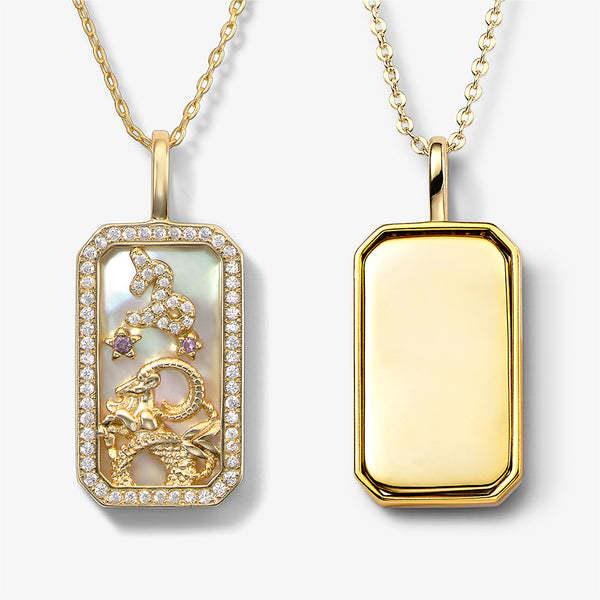 Collier avec plaque signalétique gravée avec 12 signes du zodiaque en zircon blanc Olivenorma 